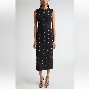 Oscar De La Renta Pearl cabochon Embellished Black Midi Dress Sz 4 AUTHENTIC NWT